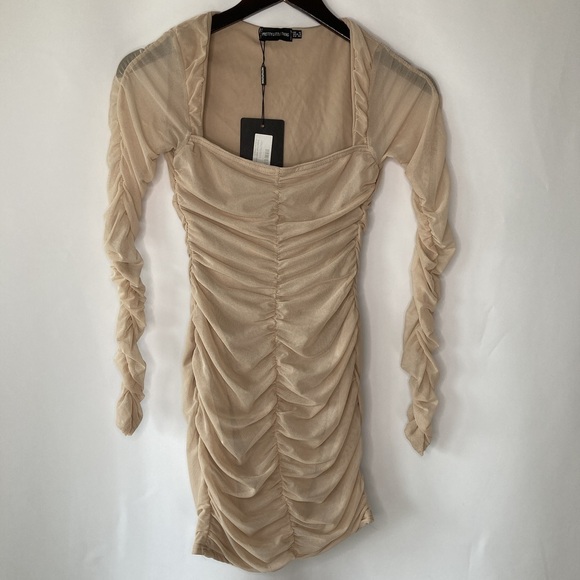 PrettyLittleThing Shape Nude Mesh Square Neck Ruched Bodycon Dress Size Small - Picture 1 of 12